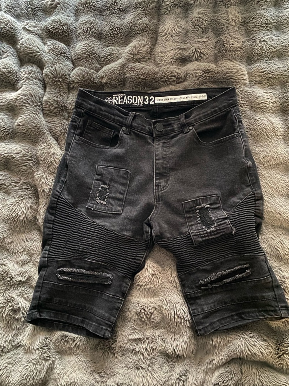 Reason Black Distressed Moto Jean Shorts